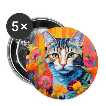 chat, motif de chat, fleurs, cadeau, idée cadeau - Lot de 5 grands badges (56 mm) - blanc - Devant