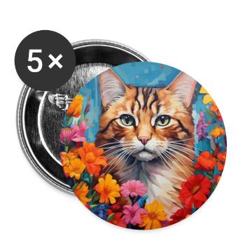 Katze, katzenmotiv, blumen, geschenk, geschenkidee - Buttons groß 56 mm (5er Pack) - Weiß - Vorne