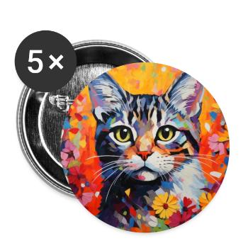 chat, motif de chat, fleurs, cadeau, idée cadeau - Lot de 5 grands badges (56 mm) - blanc - Devant