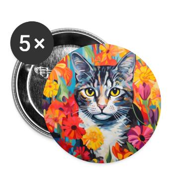 chat, motif de chat, fleurs, cadeau, idée cadeau - Lot de 5 grands badges (56 mm) - blanc - Devant