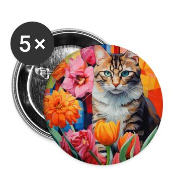 chat, motif de chat, fleurs, cadeau, idée cadeau - Lot de 5 grands badges (56 mm) - blanc - Devant