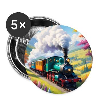 Train coloré avec locomotive à vapeur fumante - Lot de 5 grands badges (56 mm) - blanc - Devant