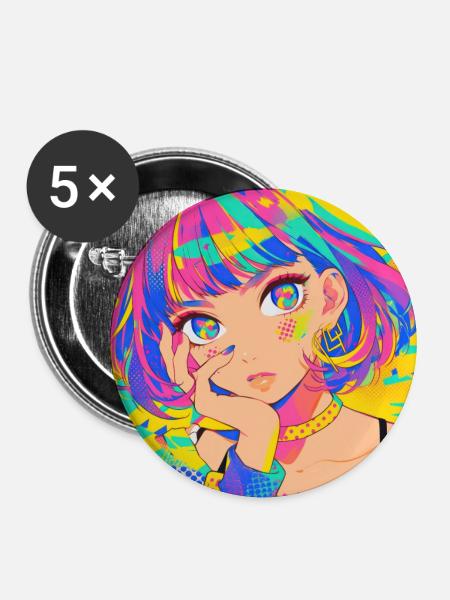 anime, girl, waifu, japan - Buttons groß 56 mm (5er Pack) - Weiß