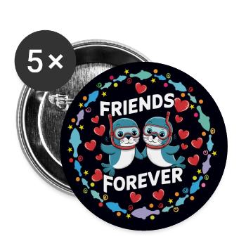 Zwei lustige Seehunde Robben Freunde für immer - Buttons groß 56 mm (5er Pack) - Weiß - Vorne