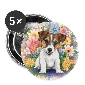 Jack Russel mit Blumen - Buttons groß 56 mm (5er Pack) - Weiß - Vorne