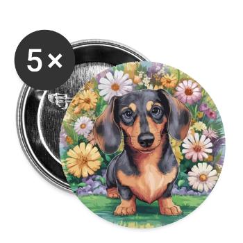 Dachshund with flowers - Buttons large 2.2''/56 mm (5-pack) - white - Front