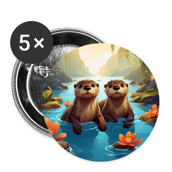 Two funny otters in the water with water lilies - Buttons large 2.2''/56 mm (5-pack) - white - Front