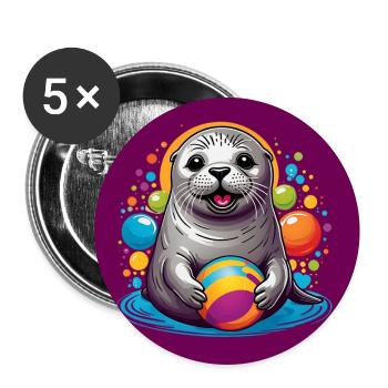 Lachender Seehund Robbe mit bunten Bällen - Buttons groß 56 mm (5er Pack) - Weiß - Vorne