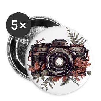 Cool vintage retro camera with flowers and leaves - Buttons large 2.2''/56 mm (5-pack) - white - Front