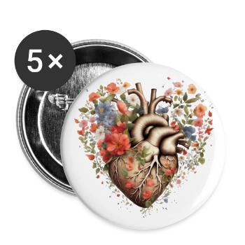 Herz mit Blumen - Buttons groß 56 mm (5er Pack) - Weiß - Vorne