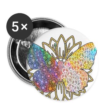 Hippie Frieden Peace 60`s 70`s Liebe T-Shirt - Buttons groß 56 mm (5er Pack) - Weiß - Vorne