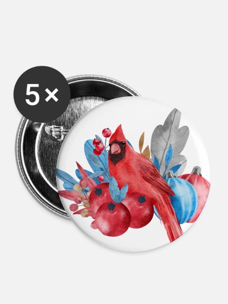 Roter Kardinal und Weihnachtsschmuck - Buttons groß 56 mm (5er Pack) - Weiß