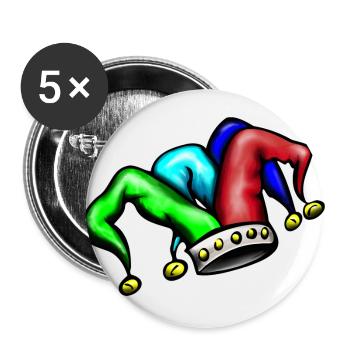 Gauklermütze Narrenkappe mit Glöckchen - Buttons groß 56 mm (5er Pack) - Weiß - Vorne
