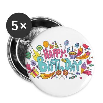 Geburtstags Wünsche Happy Birthday - Buttons groß 56 mm (5er Pack) - Weiß - Vorne