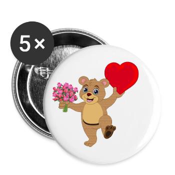 Valentinsbaer mit Herz und Blumenstrauß - Buttons groß 56 mm (5er Pack) - Weiß - Vorne