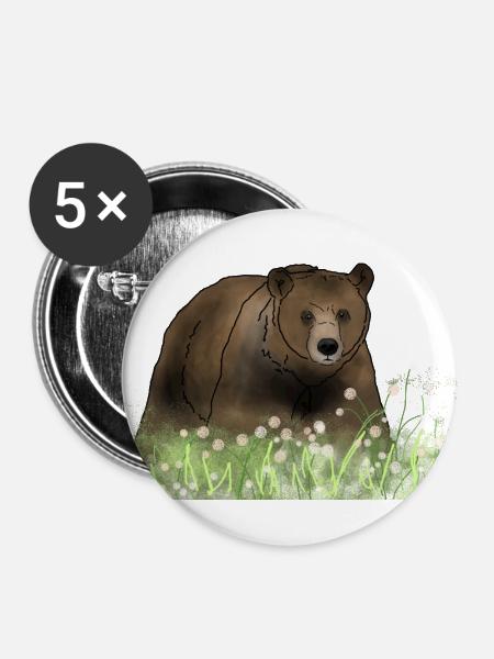Bär in Blumenwiese - Buttons groß 56 mm (5er Pack) - Weiß
