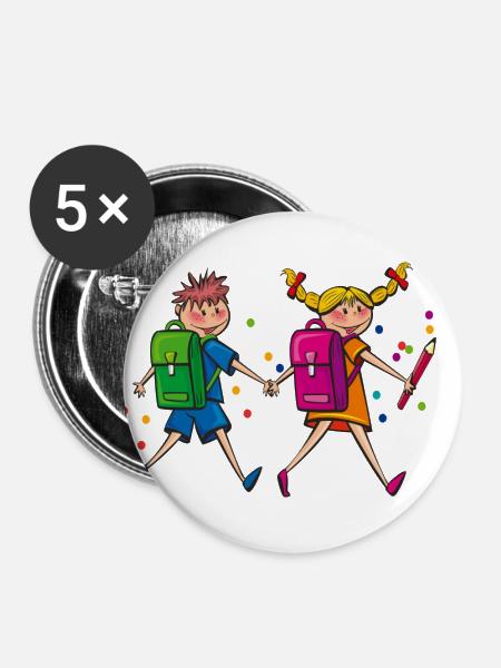 Schulkinder mit Schulranzen. Geschenkidee - Buttons groß 56 mm (5er Pack) - Weiß