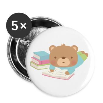 Netter Teddybär liebt es zu lesen - Buttons groß 56 mm (5er Pack) - Weiß - Vorne