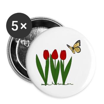 Tulpen und Schmetterling, Frühling - Buttons groß 56 mm (5er Pack) - Weiß - Vorne