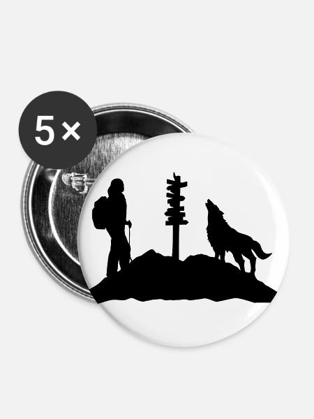 Wandern, Wanderin, Wolf und Berg - Buttons groß 56 mm (5er Pack) - Weiß