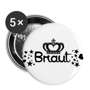 Braut Krone Schriftzug mit Herzen und Sternen - Buttons groß 56 mm (5er Pack) - Weiß - Vorne