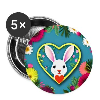 Fleurs mignonnes de cœur de lapin de Pâques - Lot de 5 grands badges (56 mm) - blanc - Devant