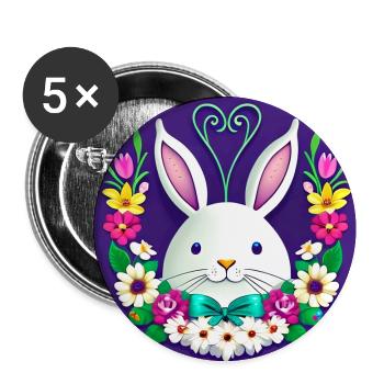 Fleurs et lapin de Pâques - Lot de 5 grands badges (56 mm) - blanc - Devant