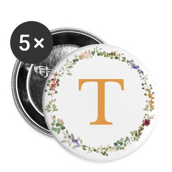 T monogramme, Couronne de fleurs sauvages - Lot de 5 grands badges (56 mm) - blanc - Devant