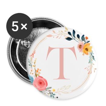 T Monogram Floral, Floral Wreath, Personalizable - Buttons large 2.2''/56 mm (5-pack) - white - Front
