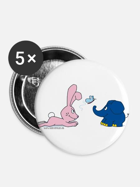 Elefant und Hase mit Schmetterling - Buttons groß 56 mm (5er Pack) - Weiß