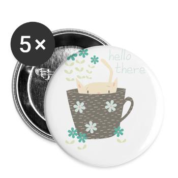 Funny cat in cup Hello gift flowers - Buttons large 2.2''/56 mm (5-pack) - white - Front