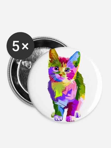 Bunte Katze - Buttons groß 56 mm (5er Pack) - Weiß