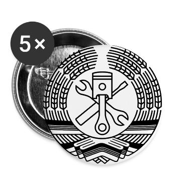 DDR Werkstatt Tuning Wappen (+ Dein Text) - Buttons groß 56 mm (5er Pack) - Weiß - Vorne