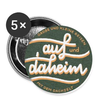 auf und daheim – Reisen mit dem Dachzelt - Buttons groß 56 mm (5er Pack) - Weiß - Vorne