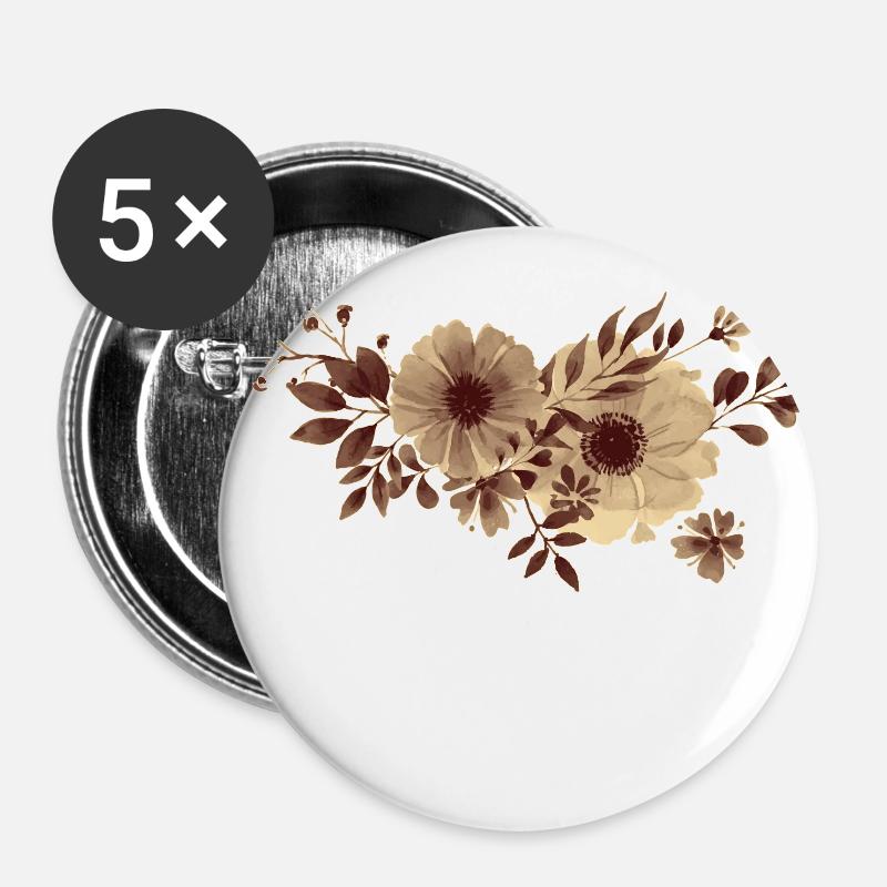 Goldene Blumen - Buttons groß 56 mm (5er Pack) - Weiß