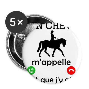 mon Cheval m'appelle - femme humour cavalière - Lot de 5 grands badges (56 mm) - blanc - Devant
