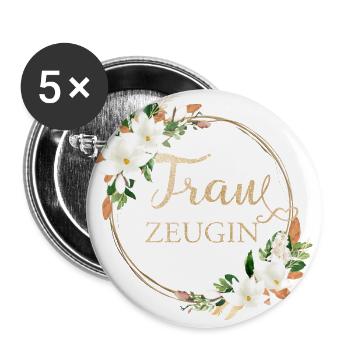 Kranz Team Bride personalisierbar - Buttons groß 56 mm (5er Pack) - Weiß - Vorne