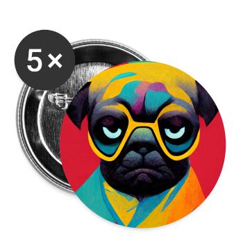 Lustiger Pop Art Hund Mops - Buttons groß 56 mm (5er Pack) - Weiß - Vorne
