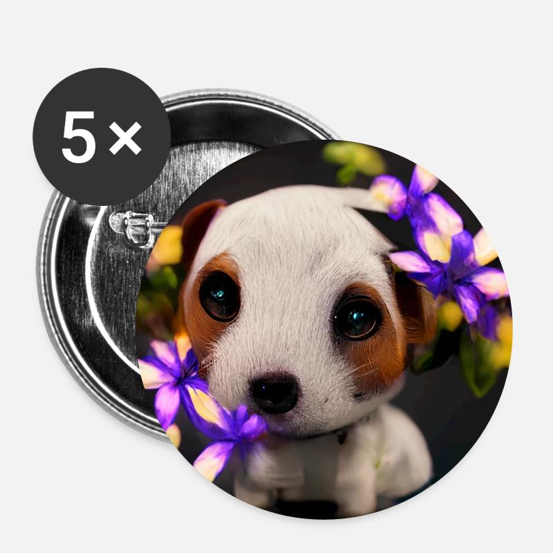 kleiner süßer Jack Russel mit Blumen - Buttons groß 56 mm (5er Pack) - Weiß