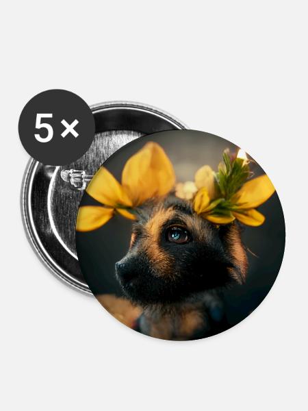 small cute German Shepherd with flowers - Buttons large 2.2''/56 mm (5-pack) - white