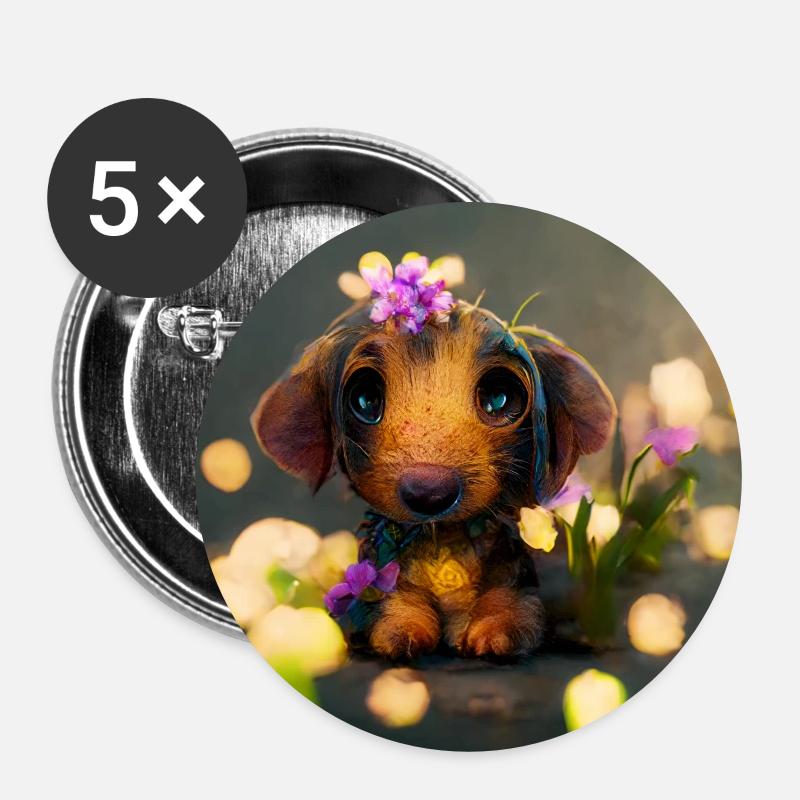 petit teckel mignon avec des fleurs - Lot de 5 grands badges (56 mm) - blanc
