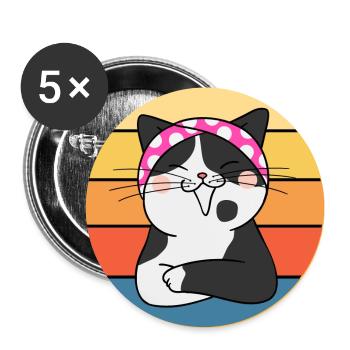 Funny Cute Kawaii Cat Face Retro Sunset - Buttons large 2.2''/56 mm (5-pack) - white - Front