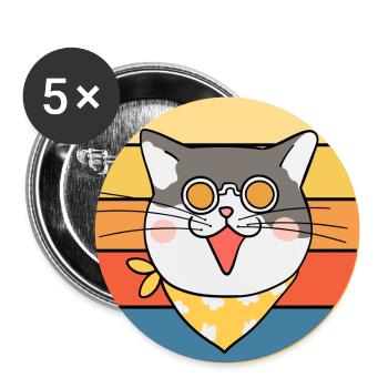 Drôle mignon Kawaii chat visage rétro coucher de soleil - Lot de 5 grands badges (56 mm) - blanc - Devant
