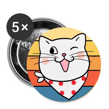 Drôle mignon Kawaii chat visage rétro coucher de soleil - Lot de 5 grands badges (56 mm) - blanc - Devant