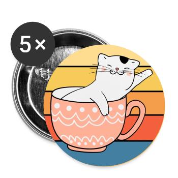 Drôle mignon Kawaii Cat Face Rétro Coucher de soleil - Lot de 5 grands badges (56 mm) - blanc - Devant