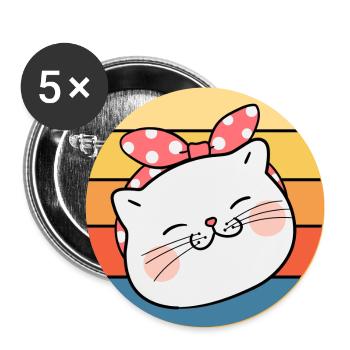 Funny Cute Kawaii Cat Face Retro Sunset - Buttons large 2.2''/56 mm (5-pack) - white - Front