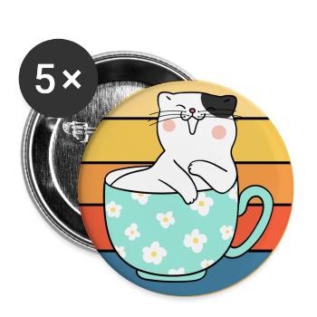Lustiges süßes Kawaii Katzengesicht Retro Sonnenuntergang - Buttons groß 56 mm (5er Pack) - Weiß - Vorne