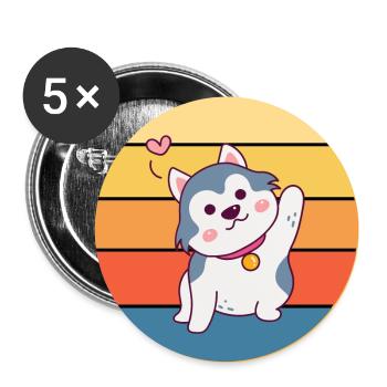 Funny Kawaii Cute Husky Dog Vintage Retro Sunset - Buttons large 2.2''/56 mm (5-pack) - white - Front