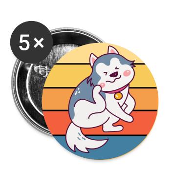 Lustige Kawaii Niedliche Husky Hund Vintage Retro Sonnenuntergang - Buttons groß 56 mm (5er Pack) - Weiß - Vorne