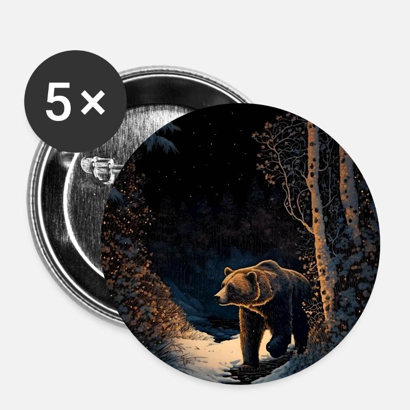 Ukiyo bear in forest landscape at winter time - Buttons large 2.2''/56 mm (5-pack) - white